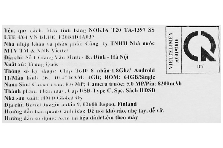 Máy tính bảng Nokia Tab T20 4G Màu Xanh Dương