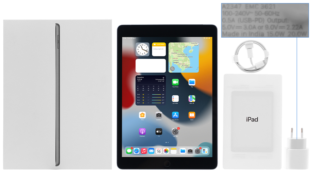 Bộ sản phẩm gồm: Sách hướng dẫn, Cây lấy sim, Hộp máy, Cáp Lightning - Type C, Củ sạc nhanh rời đầu Type C