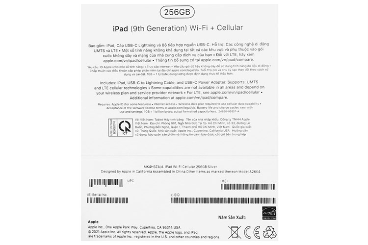 Máy tính bảng iPad 9 4G 256GB Màu Bạc