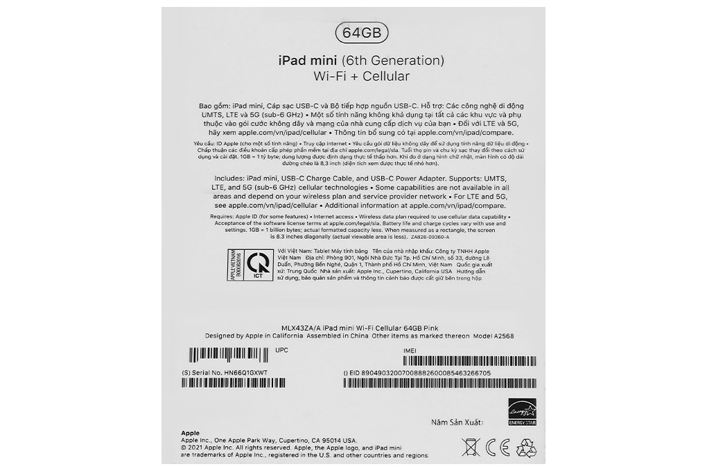 Máy tính bảng iPad mini 6 5G 64GB Màu Hồng