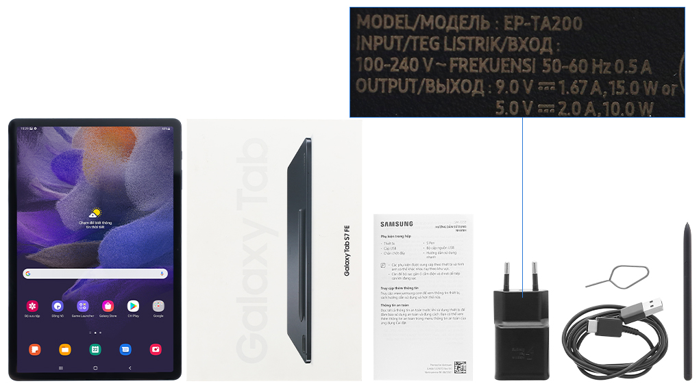 Bộ sản phẩm gồm: Sách hướng dẫn, Bút cảm ứng, Cây lấy sim, Hộp máy, Cáp Type C - Type A, Củ sạc nhanh rời đầu Type A