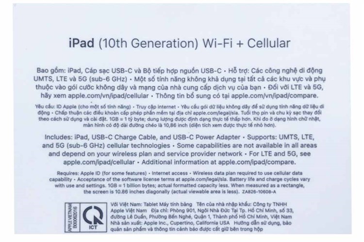 Máy tính bảng iPad 10 5G 256GB Màu Xanh Dương