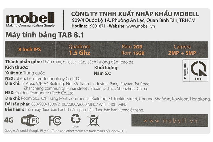 Máy tính bảng Mobell Tab 8.1 4G 2GB/16GB Màu Xanh đen
