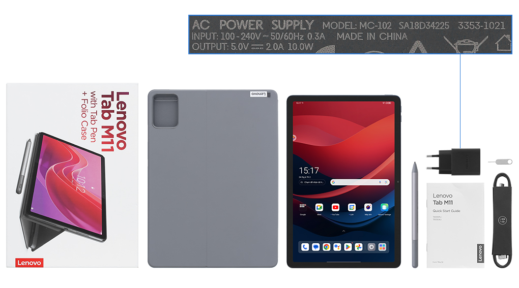 Bộ sản phẩm gồm: Bao da, Bút cảm ứng, Củ sạc rời đầu Type A, Cáp Type C - Type A, Hộp máy, Sách hướng dẫn, Cây lấy sim