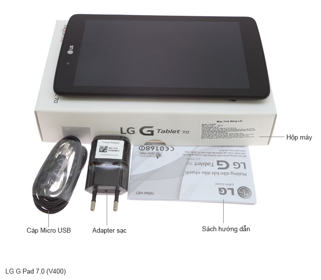 Bộ sản phẩm gồm: Adapter, Sách hướng dẫn, Cáp Micro USB, Hộp máy