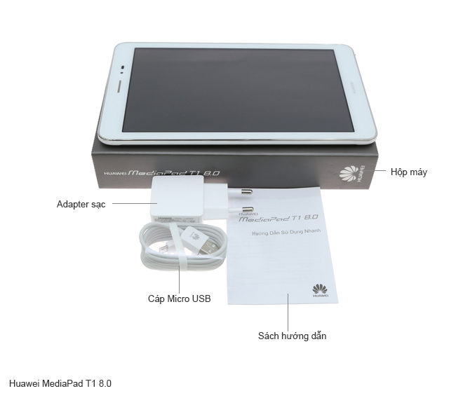 Bộ sản phẩm gồm: Adapter, Sách hướng dẫn, Cáp Micro USB, Hộp máy