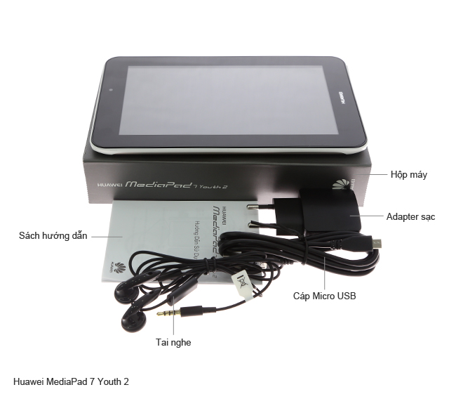 Bộ sản phẩm gồm: Adapter, Sách hướng dẫn, Cáp Micro USB, Hộp máy