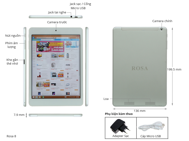 Rosa 8 tablet,Quad core 1.33GHz,Ram 2GB | dienmayxanh.com