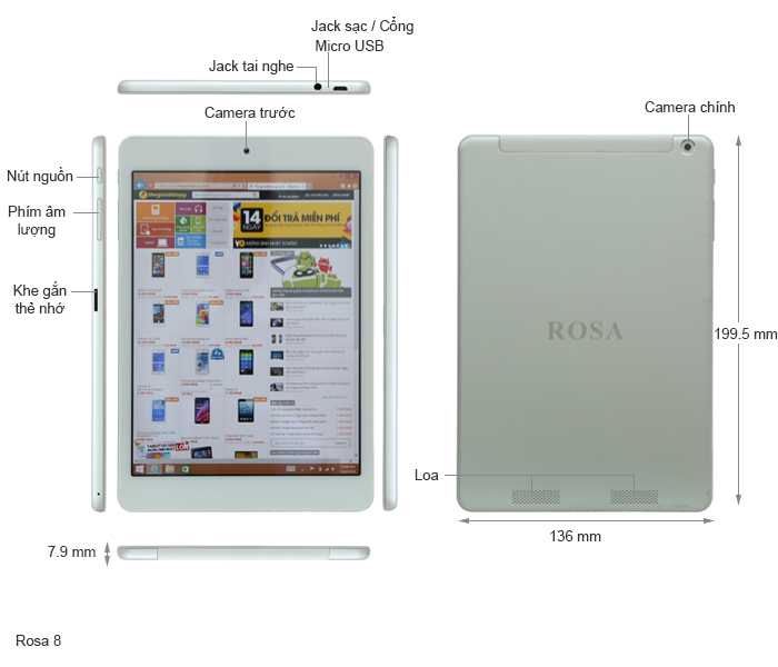 Rosa 8 tablet,Quad core 1.33GHz,Ram 2GB | Thegioididong.com