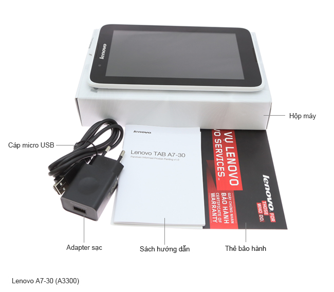 Bộ sản phẩm gồm: Adapter, Sách hướng dẫn, Cáp Micro USB, Hộp máy