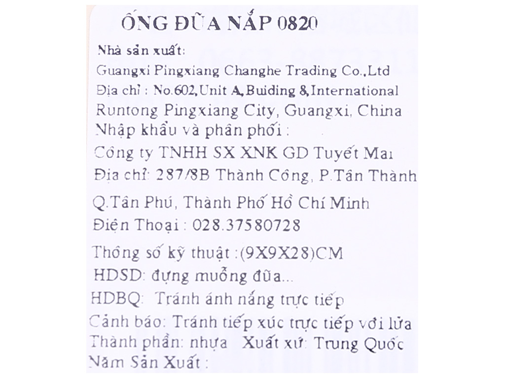 Hộp đũa có nắp đậy nhựa Tuyết Mai 0820 (giao màu ngẫu nhiên) 28cm 6