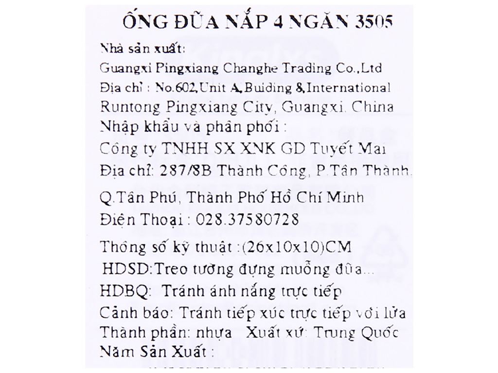 Ống đũa có nắp 4 ngăn nhựa Tuyết Mai 3505 26.5cm (giao màu ngẫu nhiên) 6