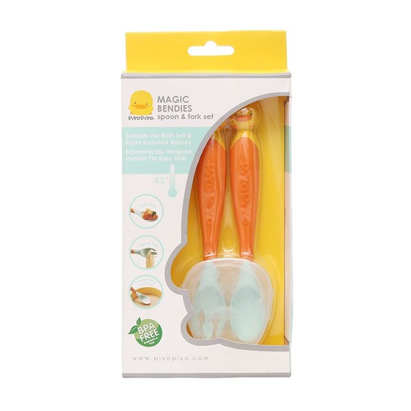 Bộ muỗng nĩa tập ăn PIYOPIYO PY630125 cán mềm màu cam cho bé từ 6 tháng - AVAKids.com