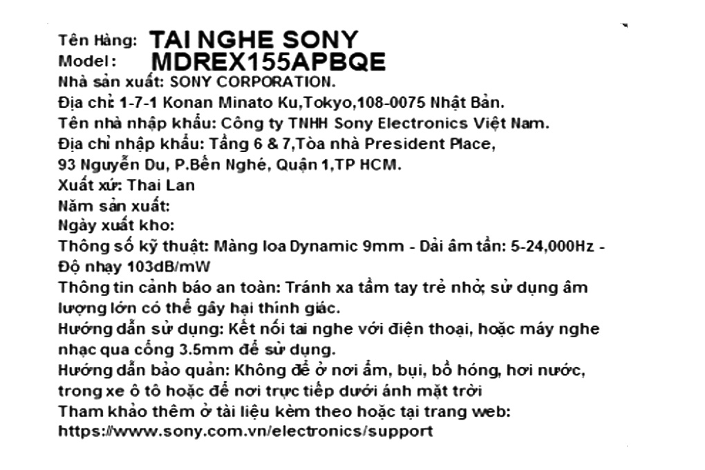Tai nghe Có Dây Sony MDR-EX155AP Màu Đen