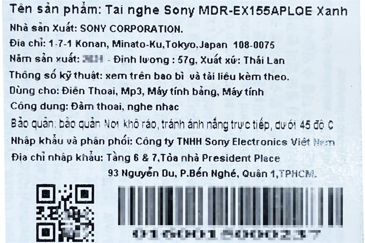 Tai nghe Có Dây Sony MDR-EX155AP Màu Xanh ngọc