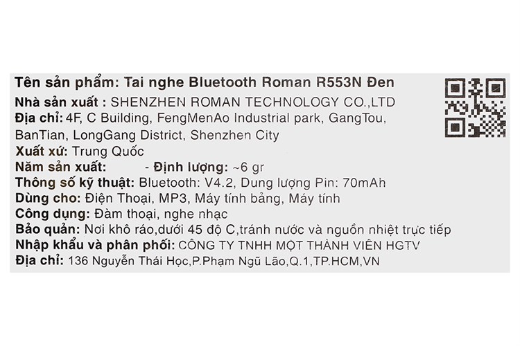 Tai nghe Bluetooth 1 Bên Roman R553N Màu Đen