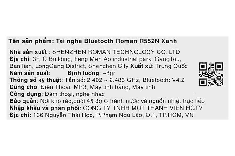 Tai nghe Bluetooth 1 Bên Roman R552N Màu Xanh Dương