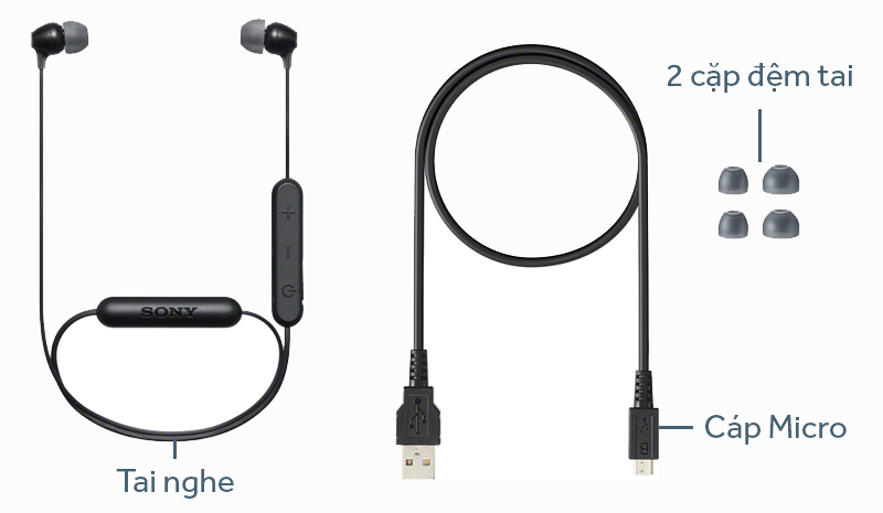 Tai nghe Bluetooth Sony WI-C300 với nhiều phụ kiện đi kèm Tai nghe Bluetooth Sony WI-C300 với nhiều phụ kiện đi kèm
