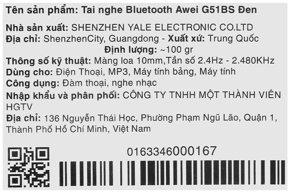 Tai nghe Bluetooth Awei G51BS Đen