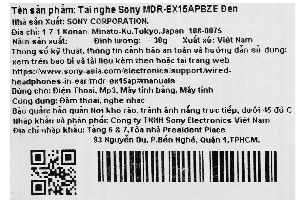 Tai nghe Có Dây Sony MDR-EX15AP Màu Đen