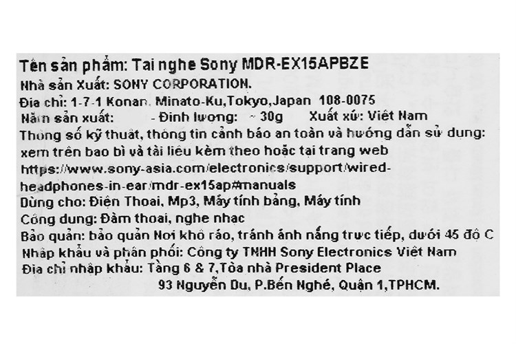 Tai nghe Có Dây Sony MDR-EX15AP Màu Xanh Dương