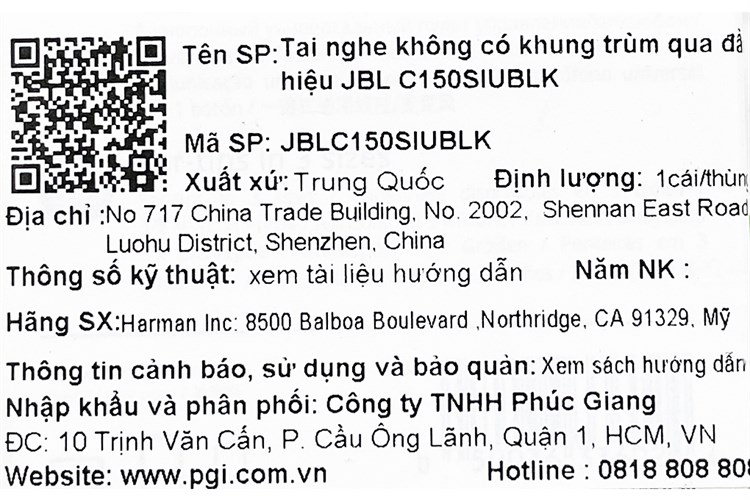 Tai nghe Có Dây JBL C150 Màu Đen