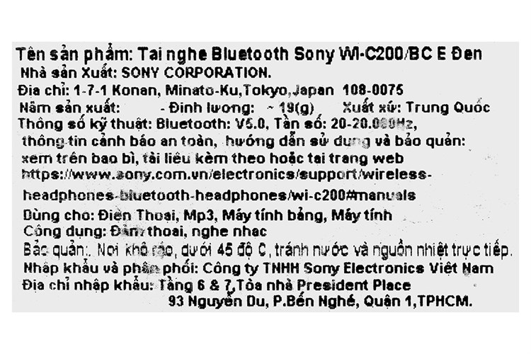 Tai nghe Bluetooth Sony WI-C200 Màu Đen