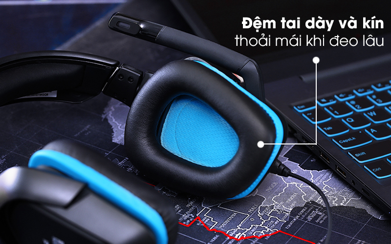 Tai nghe chụp tai Gaming Logitech G431 7.1 Đen Xanh với đệm tai dày, êm tai