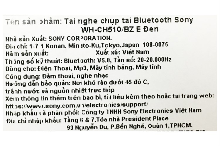 Tai nghe Bluetooth Chụp Tai Sony WH-CH510 Màu Đen