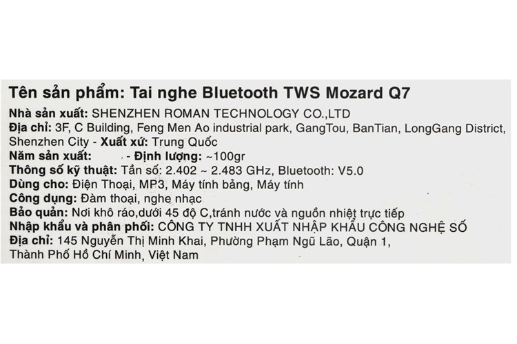 Tai nghe Bluetooth True Wireless Mozard Q7 Màu Đen