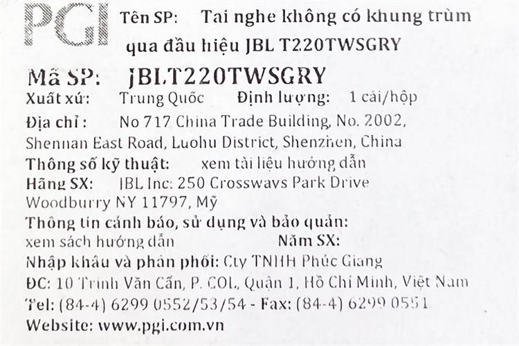 Tai nghe Bluetooth True Wireless JBL Tune 220 Màu Xám