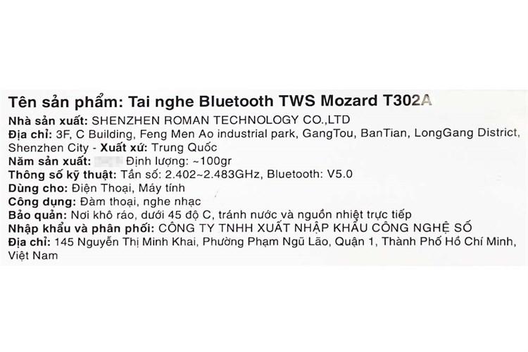 Tai nghe Bluetooth True Wireless Mozard T302A Màu Đen