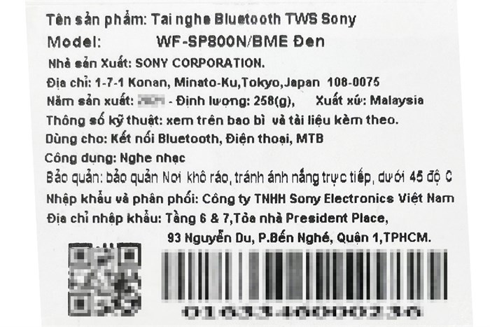 Tai nghe Bluetooth True Wireless Sony WF-SP800N Màu Đen