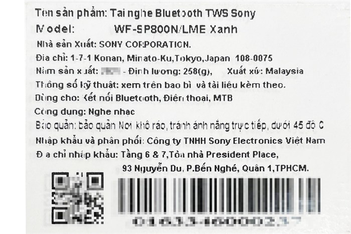 Tai nghe Bluetooth True Wireless Sony WF-SP800N Màu Xanh Dương