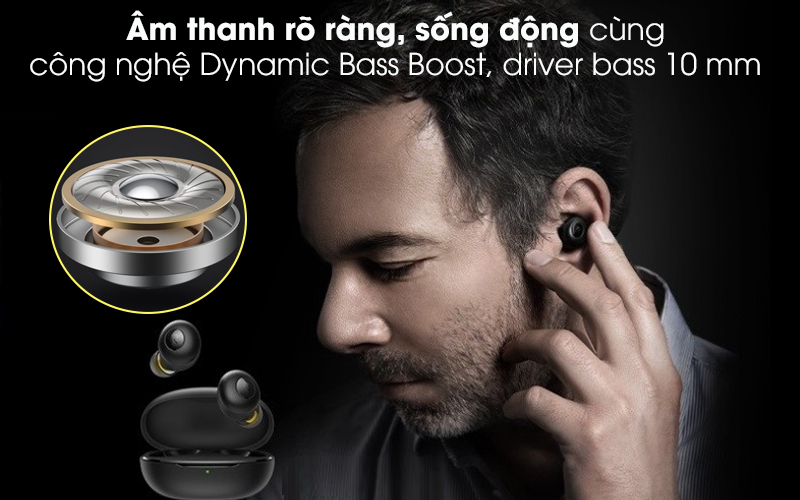 Tai nghe Bluetooth True Wireless Realme Buds Q RMA215 Đen - Tận hưởng âm bass mạnh mẽ, cuốn hút
