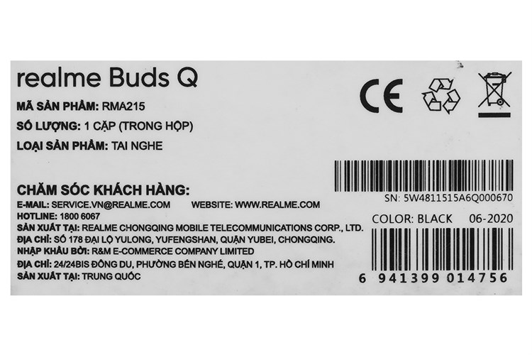 Tai nghe Bluetooth True Wireless realme Buds Q RMA215 Màu Đen