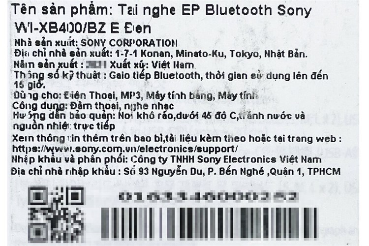 Tai nghe EP Bluetooth Sony WI-XB400 Màu Đen
