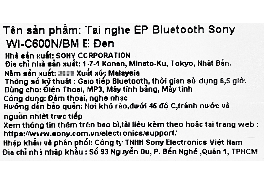 Tai nghe Bluetooth Sony WI-C600N Màu Đen