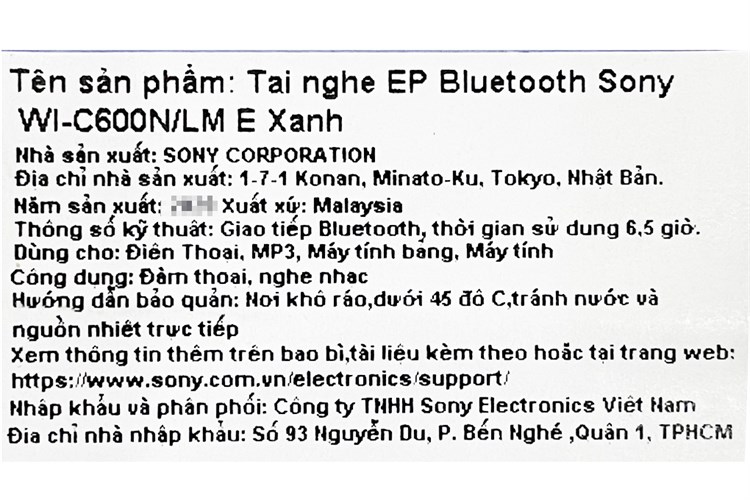 Tai nghe Bluetooth Sony WI-C600N Màu Xanh Dương