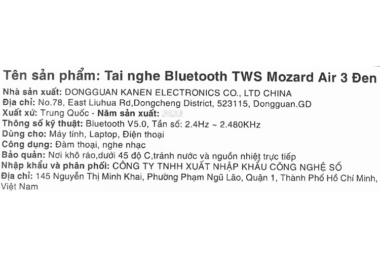 Tai nghe Bluetooth True Wireless Mozard Air 3 Màu Đen