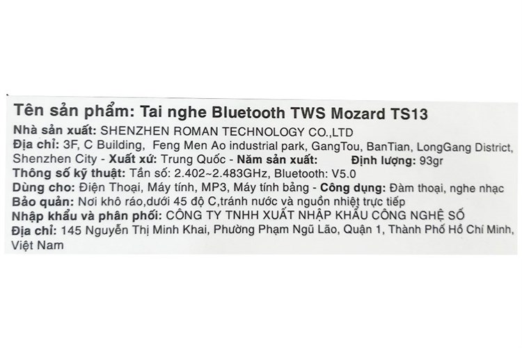 Tai nghe Bluetooth True Wireless Mozard TS13 Màu Đen