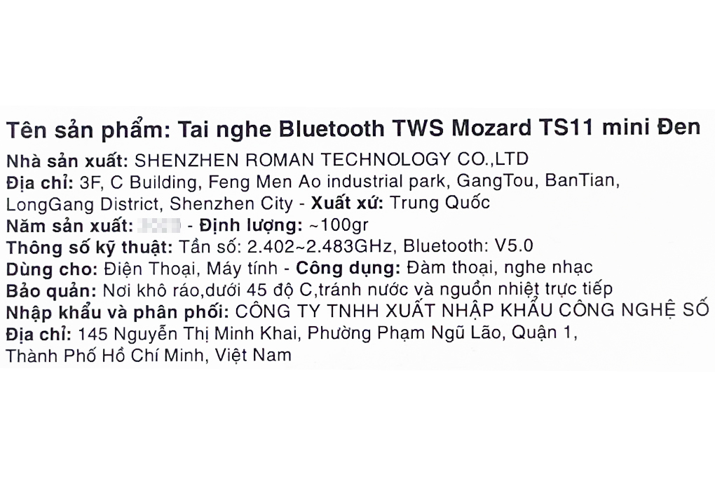 Tai nghe Bluetooth True Wireless Mozard TS11 mini Màu Đen