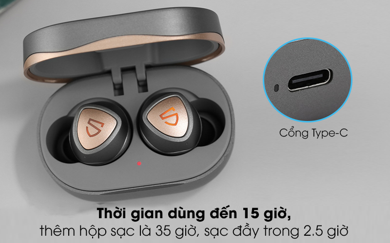 Tai nghe Bluetooth True Wireless Soundpeats Sonic Xám - Dung lượng pin đủ cho 15 giờ chỉ với tai nghe, kèm hộp sạc tổng thời gian tới 35 giờ Tai nghe Bluetooth True Wireless Soundpeats Sonic Xám - Dung lượng pin đủ cho 15 giờ chỉ với tai nghe, kèm hộp sạc tổng thời gian tới 35 giờ