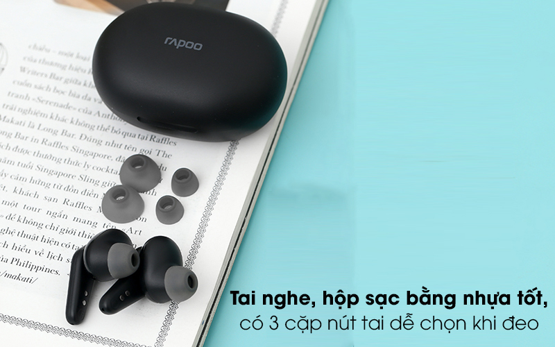 Tai nghe Bluetooth True Wireless Rapoo I100 Đen - Bên ngoài tai nghe, hộp sạc được phủ chất liệu nhựa tốt