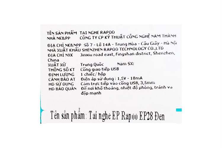 Tai nghe Có Dây Rapoo EP28 Màu Đen - Đỏ