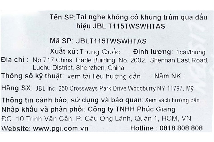 Tai nghe Bluetooth True Wireless JBL T115TWS Màu Trắng