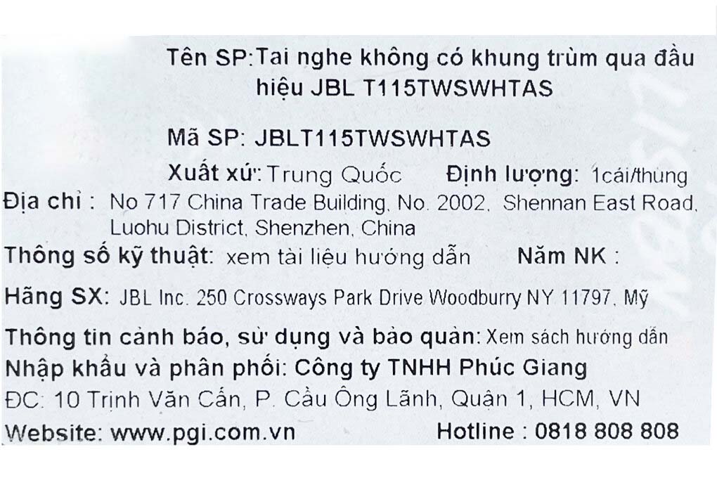 Tai nghe Bluetooth True Wireless JBL T115TWS Màu Trắng