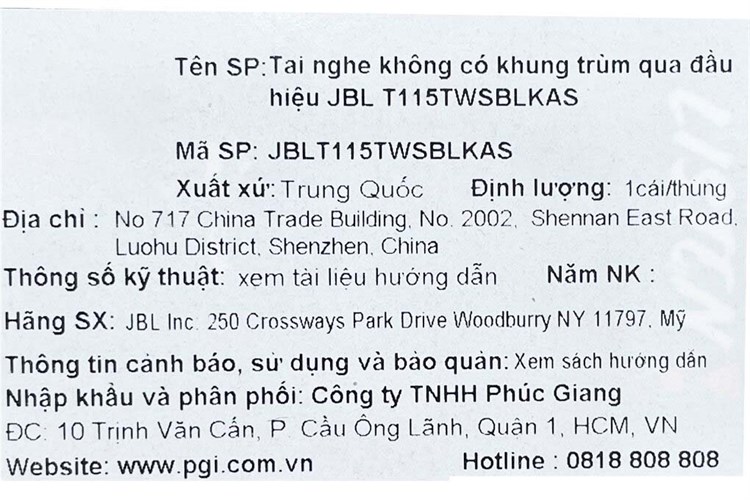 Tai nghe Bluetooth True Wireless JBL T115TWS Màu Đen