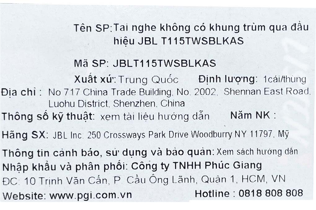 Tai nghe Bluetooth True Wireless JBL T115TWS Màu Đen