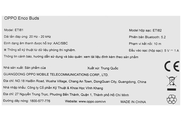Tai nghe Bluetooth True Wireless OPPO ENCO Buds ETI81 Màu Trắng